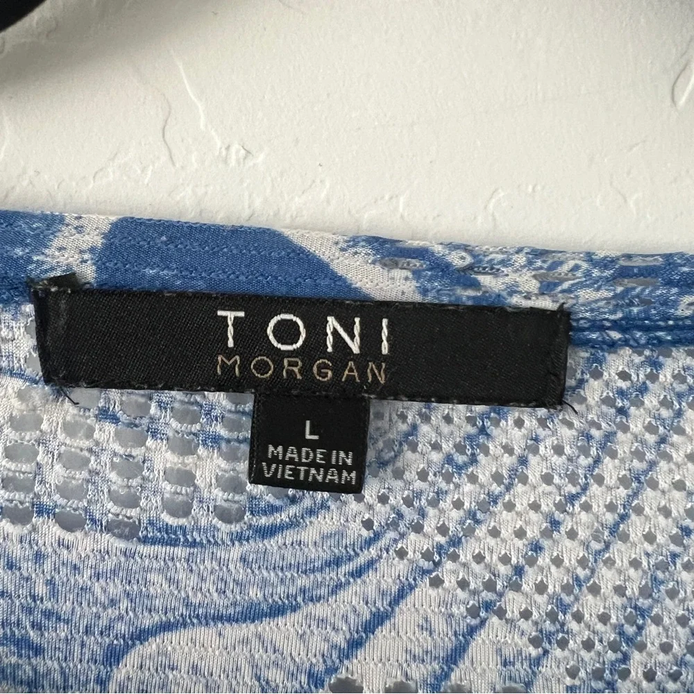 Toni Morgan Blue Abstract Open Knit Sheer Top Layering 3/4 Sleeve Large - Picture 4 of 6